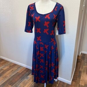 LuLaRoe - Nicole - Blue and Red Cross Pattern Dress - Size Large - NWT